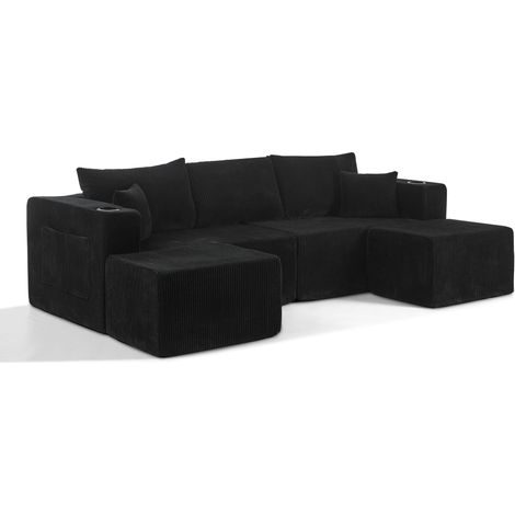 Divano angolare modulare 3 posti in velluto a coste nero con pouf mobili e portabevande HOMVRA (1/5)