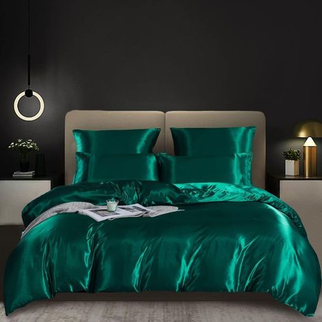 Housse de couette 220x240cm satin vert foncé – 100% polyester – Douceur et confort – Lavable en machine – 2 taies d'oreiller 65x65cm (1/3)