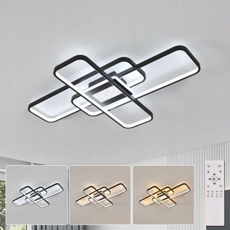 COMELY Moderne LED-Deckenleuchte für Wohnzimmer - Dimmbar mit Fernbedienung - Kreatives rechteckiges Design, dekorative Beleuchtung für Schlafzimmer, Wohnzimmer, Kronleuchter, Schwarz, 90 x 58 x 9 cm