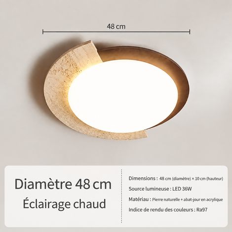 Plafonnier LED travertin et bois wabi-sabi rétro, diamètre 45 cm lumière chaude, 3 kg – Livraison gratuite
