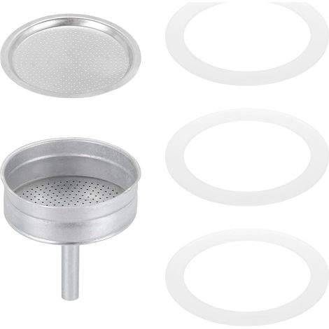 Pièces de Rechange pour Cafetière Italienne en Aluminium (Argent) Avec 1 Filtre et 3 Joints D'Étanchéité en Silicone, 1 Entonnoir de 74x64x4,5 mm pour Cafetière Moka 9 Tasses (1/5)