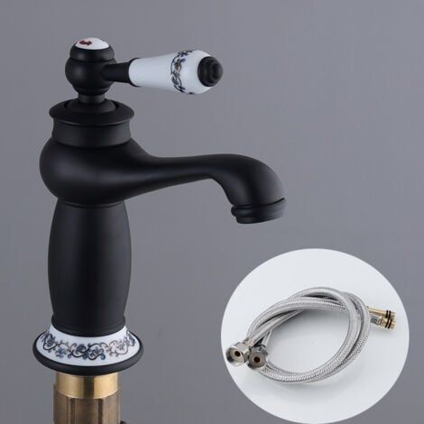 Schwarzer Retro-Waschtischarmatur Messing Keramik Spülbecken Antike Vintage Mischbatterie Kalt-/Warmwasserhahn Ersatz Dekoration für Küche Badezimmer (1/5)