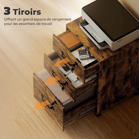 Caisson de Bureau Mobile avec 3 Tiroirs Verrouillables, Caisson de Rangement sur Roulettes, 40 x 40 x 69,5 cm, Marron (1/4)