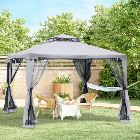 Pavillon double toit 3×3m étanche gris clair panneaux latéraux pour jardin et terrasse métal moustiquaire conception robuste