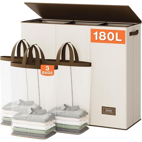 Wäschesortierer 3 Fächer Deckel Wäschesack XXXL 3x60L 180 Liter Beige (1/5)