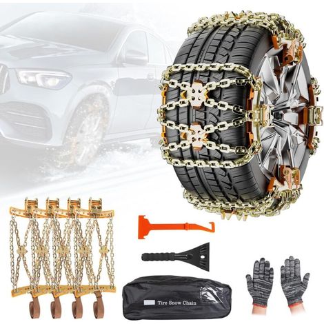 Catene da neve per auto in 4 pezzi, catene da neve in ferro con raschietto per il ghiaccio per tutti i tipi di veicoli, fissaggio automatico, 175 mm-265 mm (1/4)
