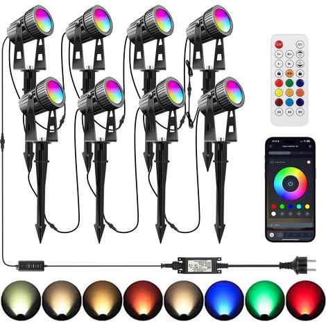 8 éclairage de jardin LED RGBW 24V 24W avec Timer Télécommande APP Dimmable projecteur de jardin blanc chaud avec piquet Spots LED Jardin Extérieur, IP65 étanche Lumière Extérieur Projecteur (1/5)