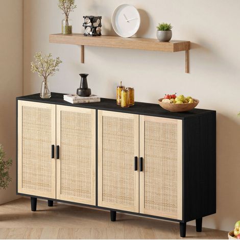 Mobile contenitore 4 ante in rattan, 158 x 40 x 88 cm, ripiano regolabile, nero DESVIAE (1/5)