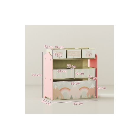 Armoire pour enfant avec 6 bacs en tissu, motif mignon, 63x30x66 cm, Rose (1/5)