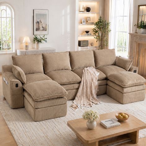 Modulares 4-Sitzer Cordsofa Khaki mit 2 Hockern, Seitentaschen und Kissen, 335x167x85 cm, Federkern Wohnzimmer Sofa frei kombinierbar (1/5)