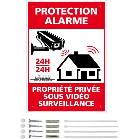 Panneau de signalisation prépercé PVC ou ALU rectangulaire + kit de fixation - Protection alarme, propriété privée sous vidéo surveillance - PVC 1 mm - 210 x 300 mm