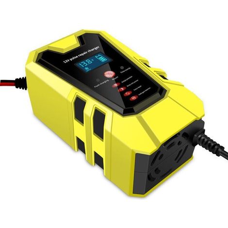 Caricabatterie giallo da 12V 6A per auto, moto e bici. Caricabatterie intelligente per riparazioni, compatibile con batterie al piombo. (1/4)