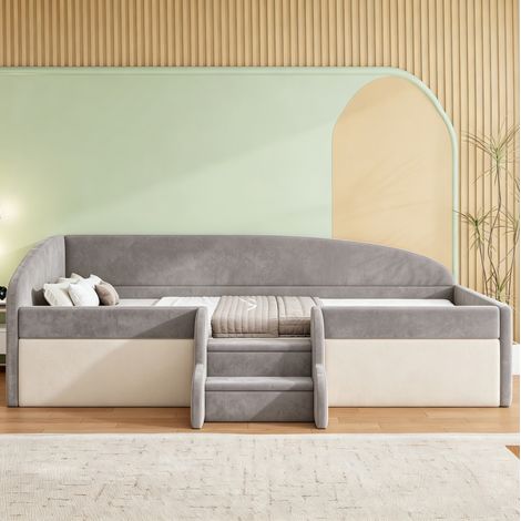 Cama infantil 90/190 cm gris tapizada en terciopelo, con barandillas y escalones (1/5)
