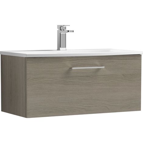 Balterley Modern Bathroom Wall Hung 1-Drawer Vanity & Curved Basin, Solace Oak, 800mm (1/4)