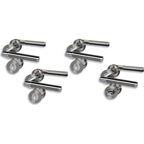 Lot de 4 ferrures de porte à rosace - Chromé/acier inoxydable satiné - Pour 3 portes de chambre avec trou de serrure à clé et 1 porte de salle de bain - Rosace à visser Ø 52 mm - Poignée de porte (1/3)