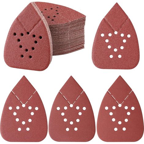 CSPARKV 100 hojas de lija para lijadora, 140 x 95 mm, papel de lija triangular de 12 agujeros, grano 40/80/120/240/400 para carpintería y metal.