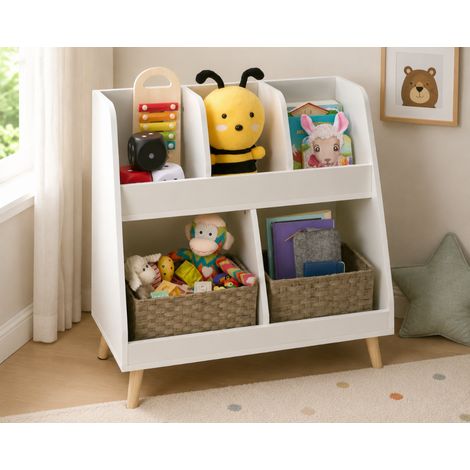 Ensemble de rangement pour chambre d'enfant (2 pièces) – Bibliothèque blanche à 5 étagères pour enfants et lot de 3 paniers de rangement tressés (1/5)