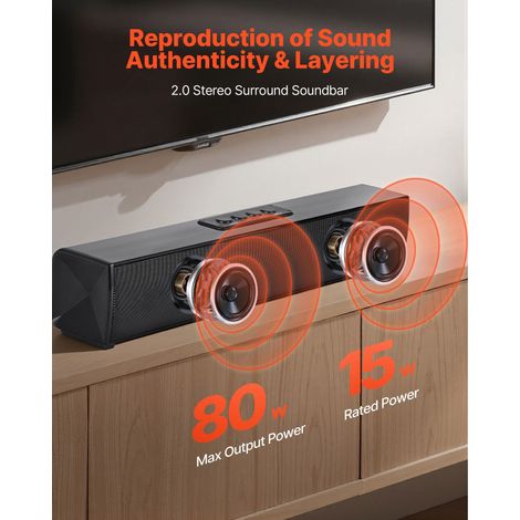 Barre de son TV 2.0 canaux 450 mm compacte enceinte Bluetooth AUX pour projecteur PC home cinéma 80W système surround télécommande installation rapide (1/5)