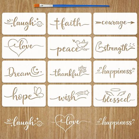 12Pcs Pochoirs à Motifs de Mots avec 1Pc Pinceau en Plastique 20x10cm Pochoirs Mots Foi Cœurs d'Amour Pochoir Mot Rire Gabarit de Texte en Plastique pour Peinture sur Bois Mur (1/5)