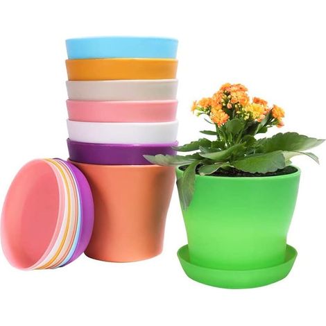 9-teiliges Set mittelgroßer, farbiger Kunststoff-Pflanztöpfe, 9 verschiedene Farben