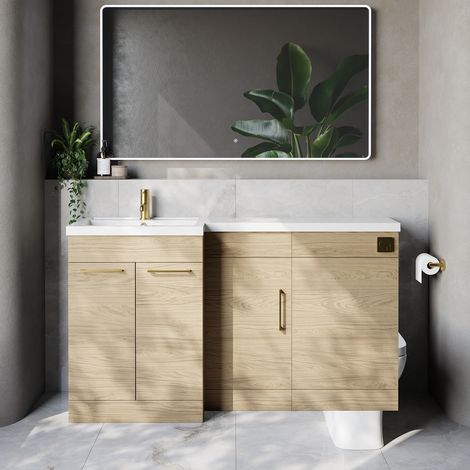 Napoli 390 Light Oak 1500mm 3 Door Vanity Unit Toilet Suite with Left Hand Square Lucia Basin - 1500mm - Brushed Brass 160mm HandleWithout Kingston Toilet Pan