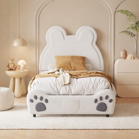 Letto bambini 90x200 cm bianco a forma di orso, rivestito in tessuto con rete a doghe (1/5)