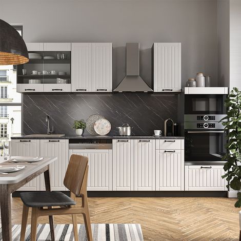 Mueble de cocina Fame-Line, Casa de campo blanca/antracita, 300 cm con armario alto, ET Mármol, Vicco