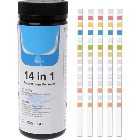 50 Teststreifen für Pool und Spa, 14-in-1-Testset für Schwimmbadwasser zur Bestimmung von Chlor, Brom, Alkalinität, pH-Wert und Härte. (1/5)