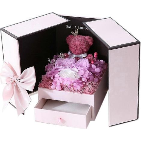 Rosa Doppeltür-Geschenkbox zum Valentinstag, Schmuckkästchen mit Bärenmotiv und Blumenmuster, helllila (1/5)
