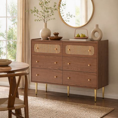 Buffet 150x40x90 cm effet avec 2 portes cannage rotin, 3 tiroirs et étagère réglable, pour salon et chambre - Noyer