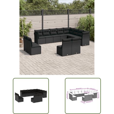 The Living Store Salon de jardin 12 pcs avec coussins noir résine tressée - Ensemble Salon De Jardin - Mobilier De Jardin - Salon Extérieur - Canapé Jardin - Résine Tressée (1/3)
