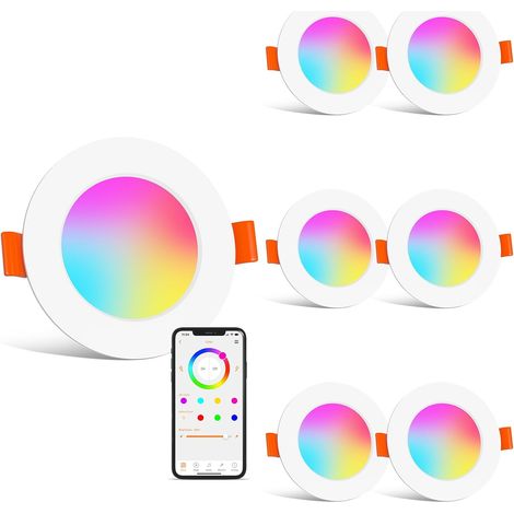 Spot LED Encastrable 8W, 220V RGB Couleur Changement Spots de Plafond Connectée Bluetooth, Réglable 2700K-6000K, Spot Salle de Bain IP44 pour Salon Cuisine, Trou Φ 68mm - 85mm, Lot de 6 (1/5)