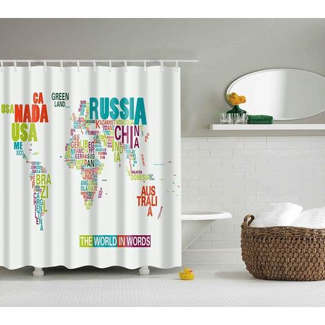 Rideau de douche avec motif carte du monde de pays Impression numérique pour salle de bain, tissu imperméable en polyester avec 12 crochets Multicolore 180 x 180 cm cm