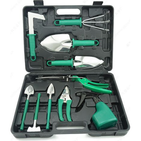 Ensemble de jardinage 10 pièces, outils de jardin avec poignées ergonomiques antidérapantes, comprenant un râteau, des outils de plantation, une pelle, un pulvérisateur et un bac de jardin.