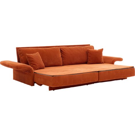 Sofá cama convertible de pana naranja, 2 plazas, con estructura metálica y reposabrazos de madera (1/5)