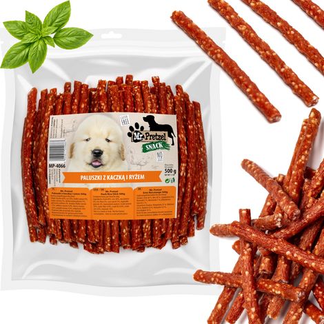 Snack prelibato per cani: Mr. Pretzel Anatra e Bastoncini di Riso 500g