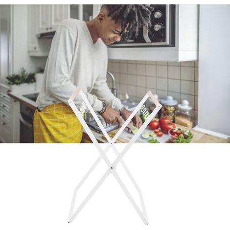 Égouttière pliable d'extérieur, étagère de rangement pour la cuisine, porte-sacs en plastique, poignée en bois, égouttoir à poubelles en fer forgé avec sacs poubelles, blanc. (1/5)