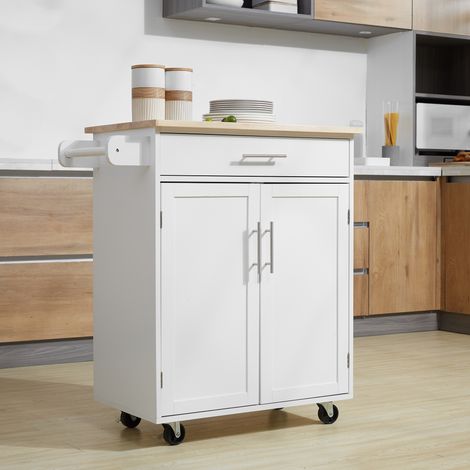 Chariot de cuisine blanc roulant avec tiroir, porte-serviettes et étagère – îlot de service mobile sur roues (1/5)