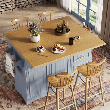 MODFU – Isla de cocina móvil 120x40(80)x95 cm de MDF con tableros abatibles, 3 cajones, 5 ruedas y carga 60 kg – Azul (1/5)