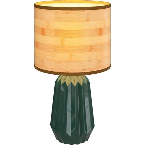 Lampada da tavolo in stile retrò con base in ceramica e paralume in lino per camera da letto, 40 W, verde e legno naturale (1/5)