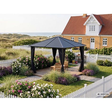 Tonnelle de jardin San Luis Steel+ avec rideaux et moustiquaire, 3x3m, Noir - Dancover (1/2)