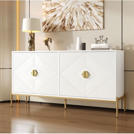 Sideboard 162x40x80 cm Weiß MDF und Spanplatte mit geometrischem Muster, goldenen Griffen und Metallbeinen (1/5)
