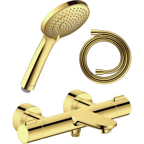 Conjunto de mezclador termostático para bañera/ducha DURAVIT Wave + cabezal de ducha universal 3 chorros + manguera de 160 cm en oro pulido (1/4)