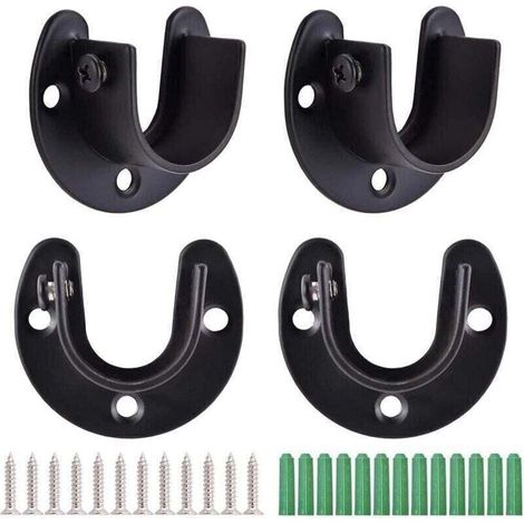 4Pcs Tringle à Rideaux en Forme de U, Support de Tringle à Penderie à Rideaux, Douilles de Poteau de Penderie en Acier Inoxydable, Support de Bride, Extrémité de Tige de Penderie avec Vis, Noir (1/4)
