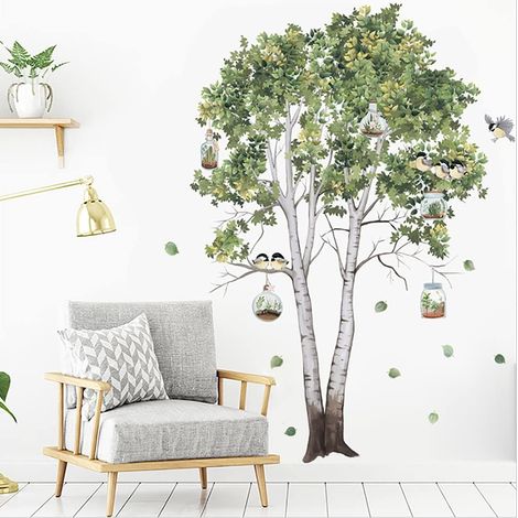 Pegatinas de pared de árbol y pájaro, vinilo de abedul verde, pegatinas decorativas para salón, habitación infantil y habitación de bebé, 72 x 102 cm