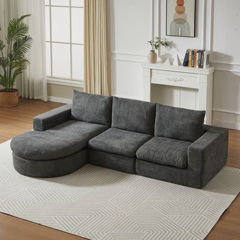 Divano angolare modulare 3 posti con chaise longue reversibile in ciniglia grigio OKMYHOME (1/5)