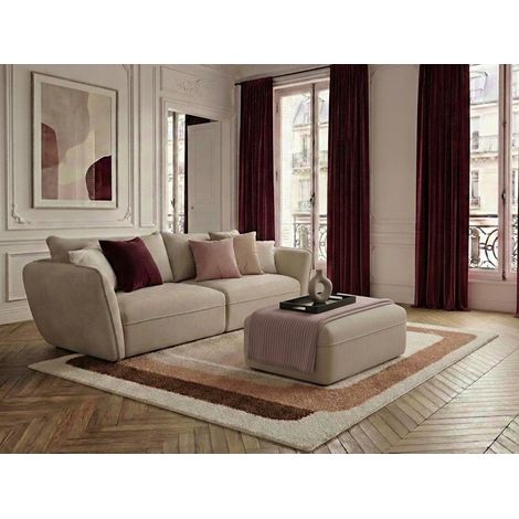BOBOCHIC - Canapé droit fixe 3 places LUIGI tissu lisse avec pouf   Beige