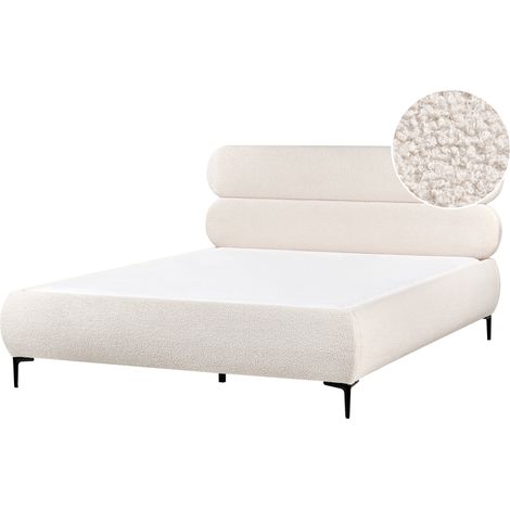 Cama con somier minimalista de bouclé cabecero patas de metal negro dormitorio 160 x 200 cm blanco crema Lessay (1/5)