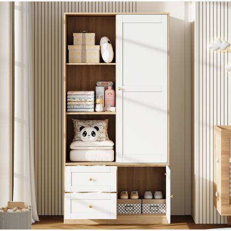 Armario de puertas correderas 90 x 50 x 180 cm, 2 cajones, blanco y madera DESVIAE (1/5)