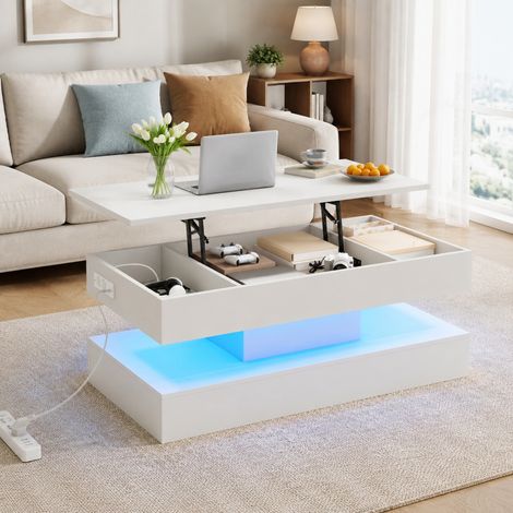 Table basse relevable LED avec rangement caché, 100 x 50 x 42 cm, blanche DESVIAE (1/5)